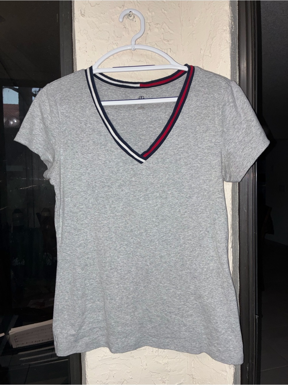 Tommy Hilfiger Gray V-Neck Tee with Navy and Red Trim